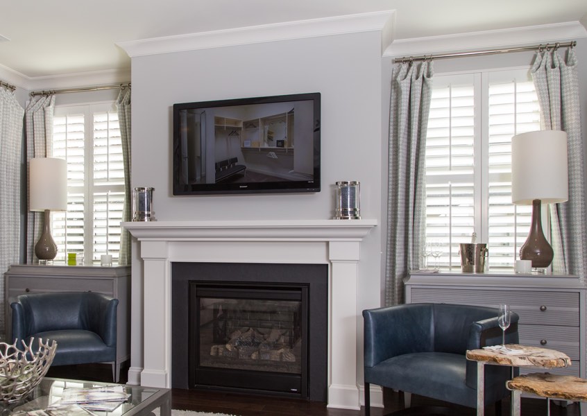 family room Houston faux wood shutters